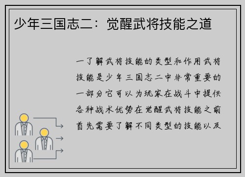 少年三国志二：觉醒武将技能之道